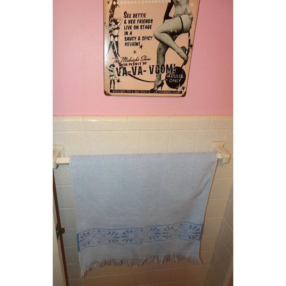 Vintage Light Blue Cannon Bath Towel with Fringe brocade panel 1970's mcm